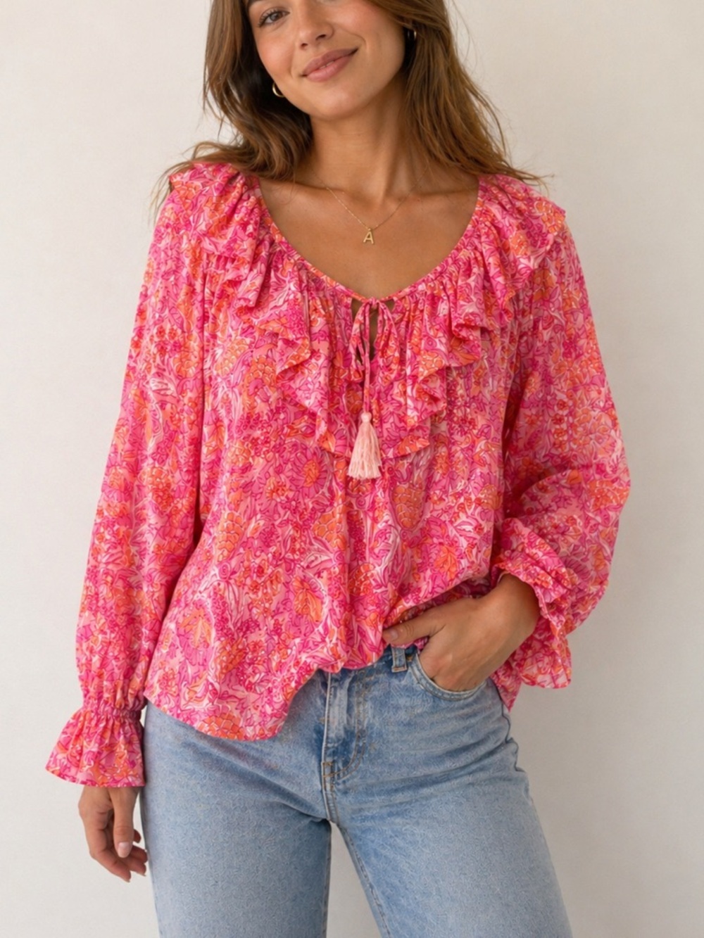 Millie Floral Pink Orange Paisley Top Size Large Cotton Blouse Vacation Resort